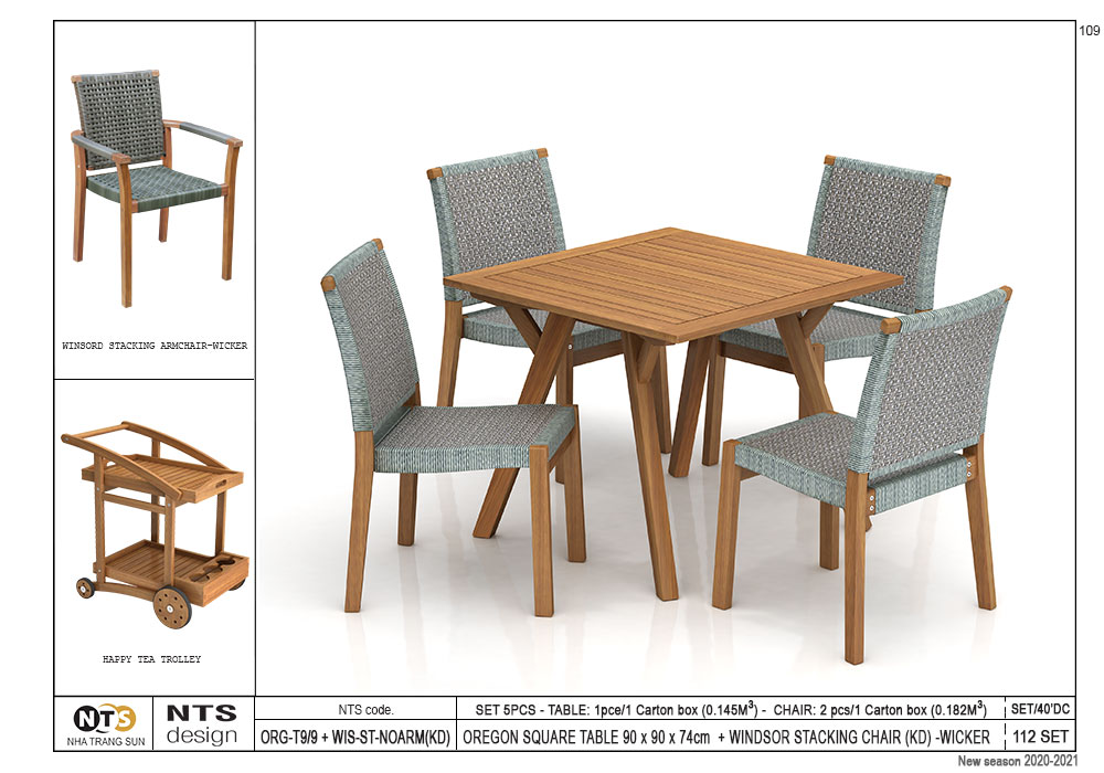 SET(5pcs)- OREGON RECT. TABLE 90 x 90 x 74cm + 4 WINDSOR STACKING CHAIR (KD) -WICKER