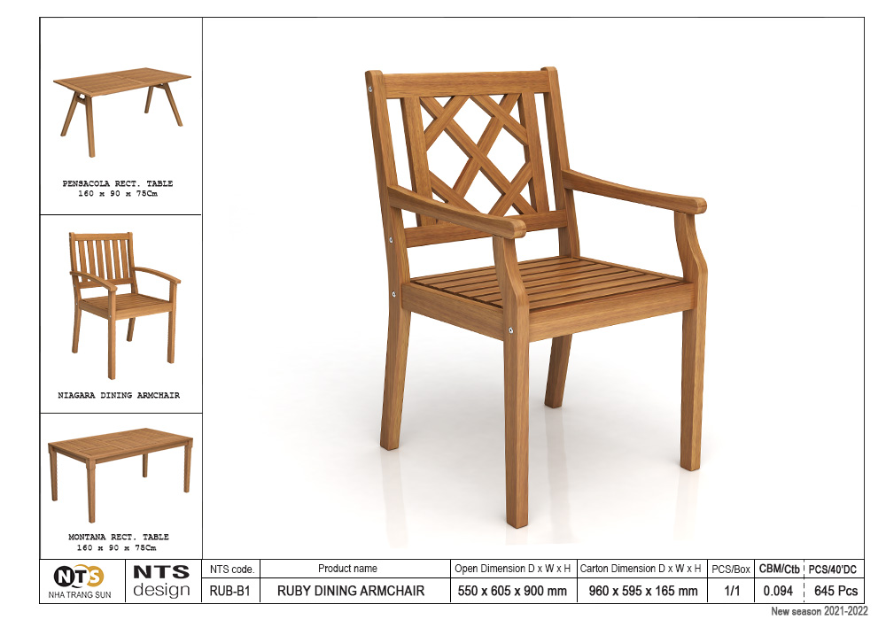 SET(5pcs)- 1 PENSACOLA RECT. TABLE 160 x 90 x 75Cm + 4 RUBY DINING ARMCHAIR